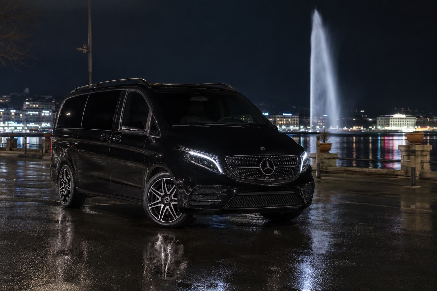 VELMONT Mercedes-Benz V-Class by Lake Geneva at night, near the Jet d'Eau
